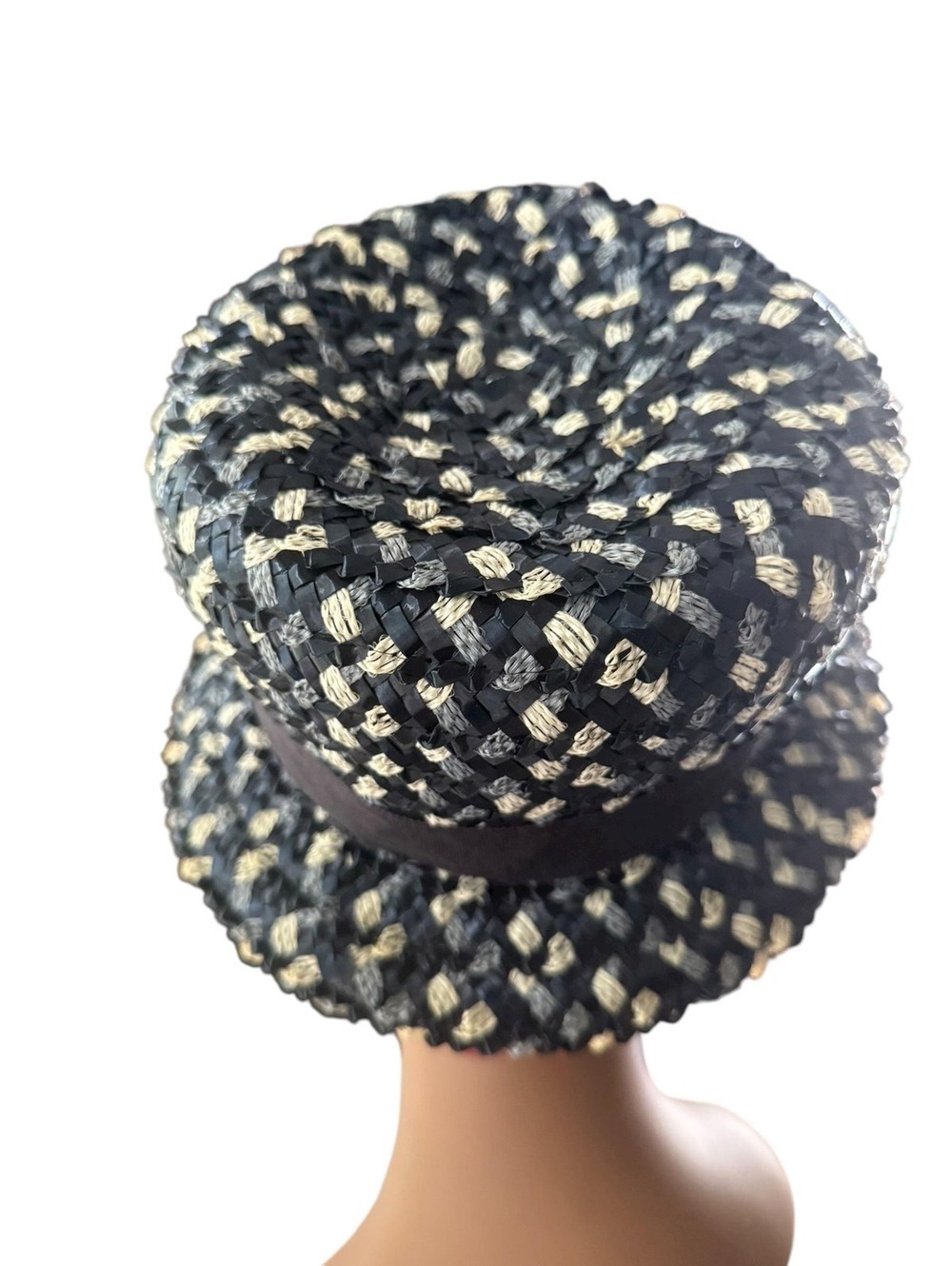 Vintage 1970s Woven Straw Hat, Mod Bucket, Ribbon and Bow, Blue White, Formal - Picture 4 of 7
